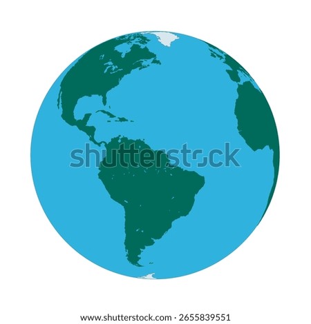 Globe in Light Blue and Green Color Focused on the American Continent, vector illustration isolated on white background, eps