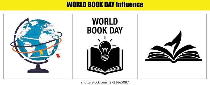 Globo, libro de bombilla, e íconos de libro de cohete que representan temas del Día Mundial del Libro Vector