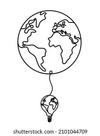 Globe with globe lightbulb as line drawing on white background. Vector