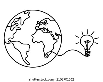 Globe with lightbulb as line drawing on white background. Vector