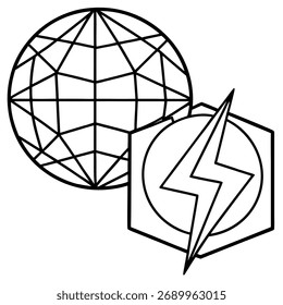 Globo com ícone de raio representando soluções globais de energia e redes mundiais de distribuição de energia