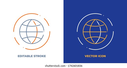 Globe line art vector icon with editable stroke. Outline symbol of world. Earth pictogram made of thin stroke. Isolated on background.
