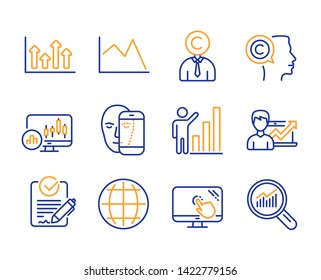 Globe, Line chart and Face biometrics icons simple set. Copyrighter, Upper arrows and Candlestick chart signs. Rfp, Writer and Touch screen symbols. Success business, Data analysis. Line globe icon