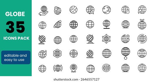 Globe Line Editable Icons Set. Vector illustration in modern thin line style of Earth-related icons: ecology, care, location, and more. Isolated on a white background.