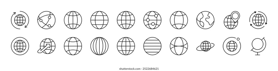Globe Line Icon Collection. Editable Stroke. Minimalistic Linear Pictogram for Design of Cards, Apps, Banners, Posts