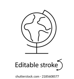 Globe line icon. Geography lesson. Travel logo. Back to school design. Minimal pictogram. Customizable linear item. Editable stroke. Isolated vector stock illustration