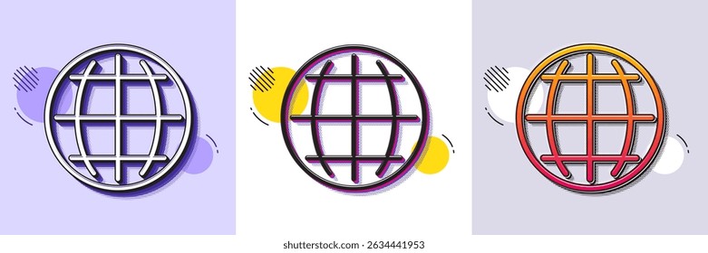 Icono de línea de globo. Patrón punteado de semitono. Icono de degradado con sombra de grano. Signo del mundo o de la Tierra. Símbolo global de Internet. Icono de globo de línea. Varios diseños. Vector