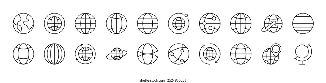 Globe Line Icon Pack. Trazo Editable. Pictograma lineal minimalista para el diseño de tarjetas, App, Anuncios, publicaciones