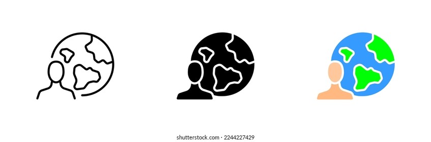 Globe line icon. Planet with a four people, coin, dollar, man, globe, earth, setting, exchanging earth for money. Money concept. Vector icon in line, black and colorful style on white background