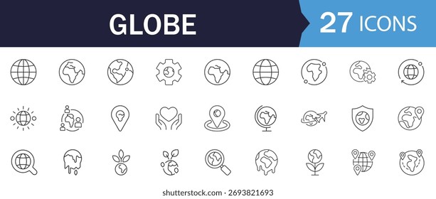 Coleção de conjuntos de ícones da linha do globo. Apresentando símbolos vetoriais finos modernos da Terra, conexão global, localização, ecologia e cuidado. Limpar estilo de estrutura de tópicos editável. 