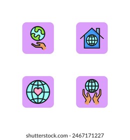 Globe line icon set. Hands holding planet. World peace and Internet concept. Vector illustration for web design and apps