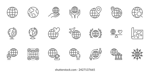 Globe line icon set. Map pin, planet earth, global business, round the world travel, teamwork outline vector illustration. Simple linear pictogram for oversea. Editable Stroke