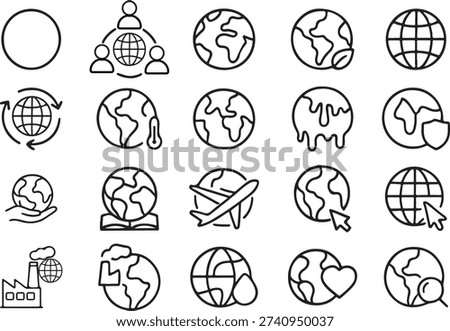 Globe Line Icon Set Planet Earth, Ecology, Sustainability, Global Warming, Earth Protection, Climate Change, Renewable Energy