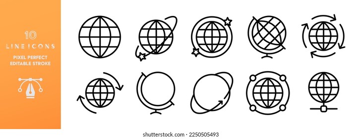 Globe line icons set. Editable stroke, geography, lesson, round the world, traveler, hike, tourist, tourism, vacation, vacation, ticket, plane, turnover. Travel concept. Vector black line icons set