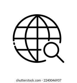 Globe line icons set. Geography, lesson, round the world, traveler, hike, tourist, tourism, search, magnifier, vacation, vacation, ticket, plane, turnover. Travel concept. Vector black line icons set