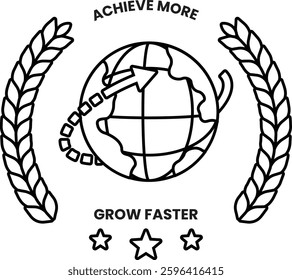 A globe with a line pointing to the top of it. The globe is surrounded by laurels, and the words "Achieve More" are written above it. Concept of growth and progress