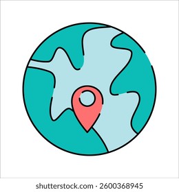 Globe Location Flat design style, blue globe with a red location pin, symbolizing global travel, ideal for maps, navigation apps, and tourism promotions.