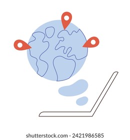 Globe with location icons, planning travel, vector doodle illustration of laptop with world map, establishing shots, website for travelers, mobile app with gps, organizing vacation