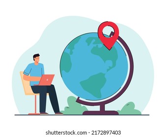 Globe with location marker and tiny man planning trip. Male character booking flight flat vector illustration. Tourism, traveling, vacation concept for banner, website design or landing web page