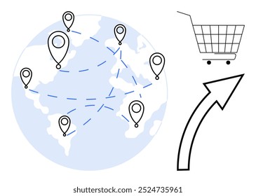 Globe with location markers connected by dotted lines, shopping cart and upward arrow on right. Ideal for online shopping, global trade, logistics, e-commerce growth, international shipping