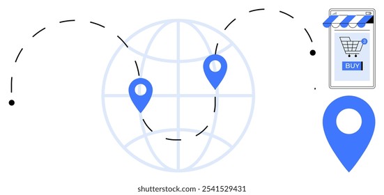 Um globo com marcadores de localização conectados por linhas tracejadas e um botão de carrinho de compras móvel. Ideal para negócios globais, comércio eletrônico, compras na Internet, localização geográfica, marketing digital e logística