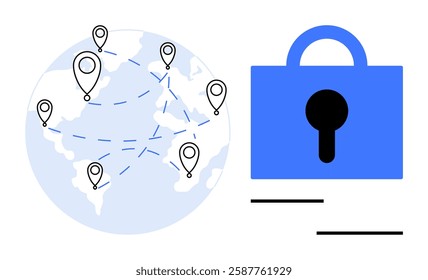 Globe with location markers connected by dotted lines next to a blue padlock. Ideal for cybersecurity, data protection, global networking, digital privacy, secure communication. Minimalist style