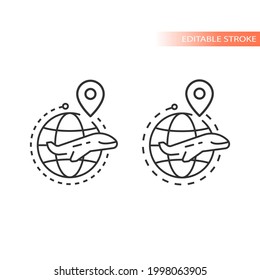 Globe, location pin and airplane line vector icon. Dashed line flight route outline, editable stroke.