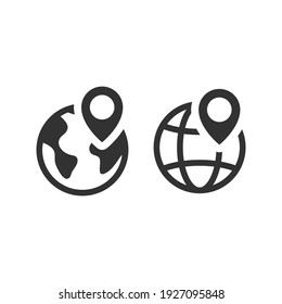 Globo con icono de vector negro de pin de ubicación. Planeta Tierra y símbolo del puntero del mapa.
