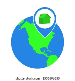 Globe, location pin, and house illustration. Flat style. Isolated on white background. 