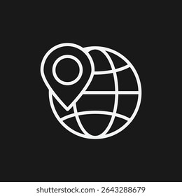 Globus mit Location Pin auf schwarzem Hintergrund, der die globale Lage oder internationale Reisen darstellt, weißes Umrisssymbol