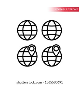 Globe with location pin pointer, sign for website thin line vector icon set. Editable stroke.