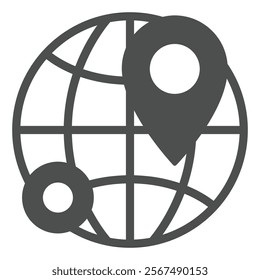 Globe with location pin solid icon, world shipping concept. Vector graphics. Planet delivery service sign on white background, glyph style icon for mobile or web design