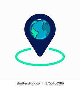 Globe location pin vector icon. Point navigation GPS mark or symbol. Tag for direction place. Position element. Map. World. Earth.