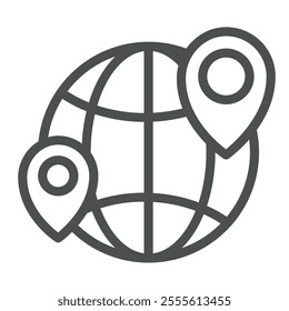 Globe and location pins line icon, geo navigation concept. Vector graphics. World globe with geolocations sign on white background, outline style icon for mobile or web design