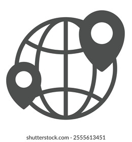 Globe and location pins solid icon, geo navigation concept. Vector graphics. World globe with geolocations sign on white background, glyph style icon for mobile or web design