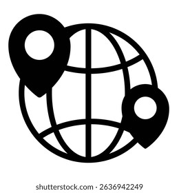 Globe and location pins solid icon, geo navigation concept. Vector graphics. World globe with geolocations sign on white background, style mobile or design