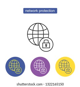Globe with lock linear vector icon, earth line sign isolated on white background. Internet protection concept. Network security. Editable stroke.