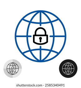 Globe with locked padlock line icon. No internet data connection sign. Offline symbol. Blue and white globe with a lock on it. Blue outline style border. Editable stroke.