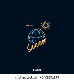 Globe logo, abstract globe travel icon, tourism. Summer, sun, sea, beach. Linear style, flat globe logo on a dark background in yellow and blue tones for mobile applications, web sites. Vector illustr