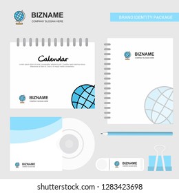 Globe Logo, Calendar Template, CD Cover, Diary and USB Brand Stationary Package Design Vector Template