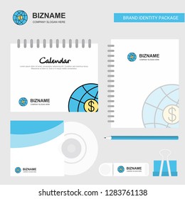 Globe Logo, Calendar Template, CD Cover, Diary and USB Brand Stationary Package Design Vector Template