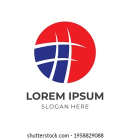 globe logo design with flat red and blue color style