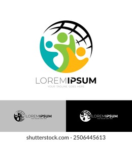 globe logo and group of people gathering, earth logos, charity design