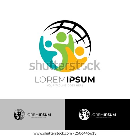 globe logo and group of people gathering, earth logos, charity design