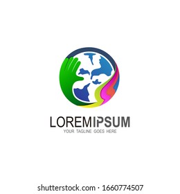 Globe logo with hand design template, Earth logo and hand icon