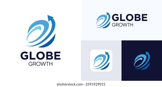 Globe logo icon design with arrow sign, Sphere vector illustration, Global growth business or logistics, Symbol planet or astrology for marketing, technology, finance, innovation and identity company