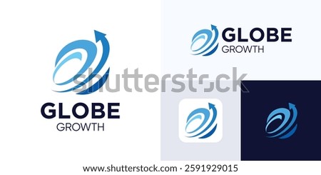 Globe logo icon design with arrow sign, Sphere vector illustration, Global growth business or logistics, Symbol planet or astrology for marketing, technology, finance, innovation and identity company
