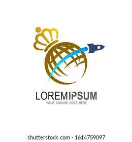 Globe logo with rocket design illustration, Crown icon in globe logo