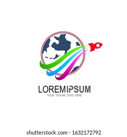 Globe logo with rocket design illustration,