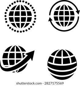 globe logo set, black silhouette icon, world grid vector, global logistics symbol, reload arrow ring, circular network dots, international shipping sign, data synchronization emblem, continuous loop graphics, tech connectivity vector, worldwide export cargo, speed swoosh arrow
